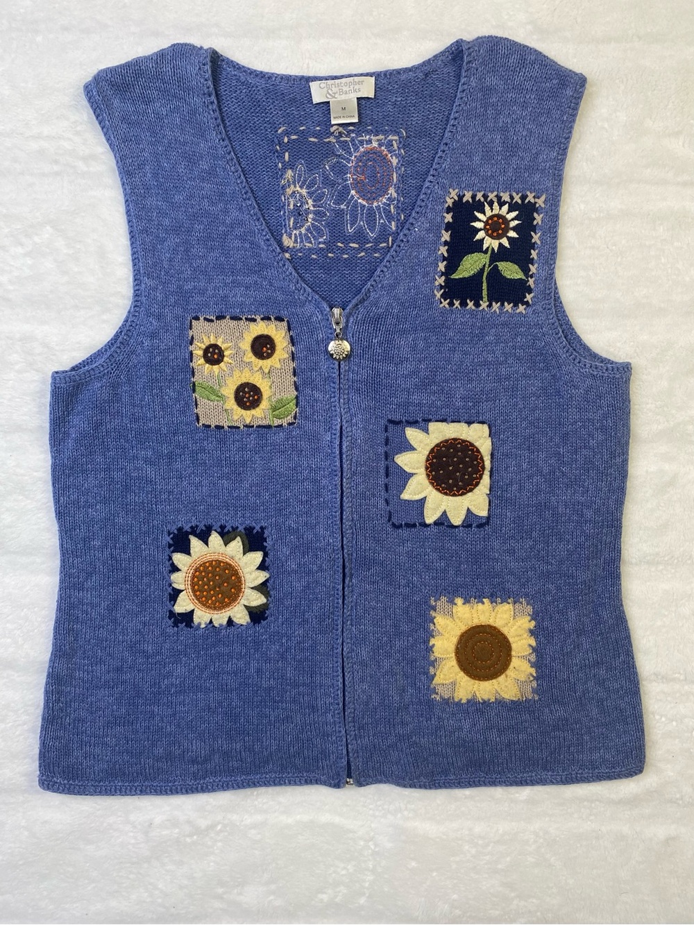 Vintage Christopher & Banks blue knit sunflower sweater vest